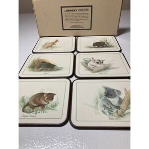 Jason Coasters Set Of 6 Rectangular Australian Animals Cork Back w/ Original Box